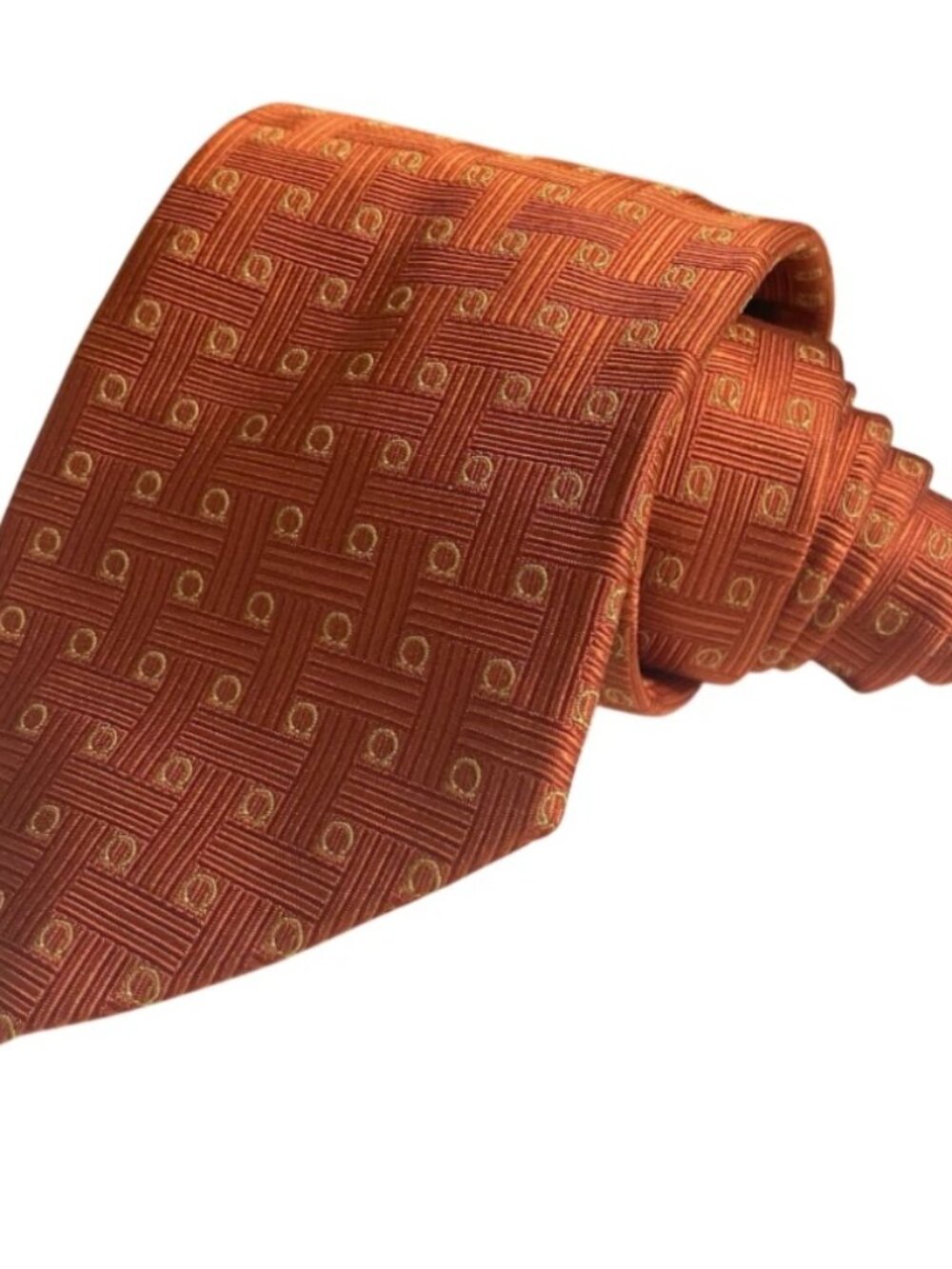 Salvatore Ferragamo Made in Italy 100% Silk Orange Logo Monogram Mens Neck Tie